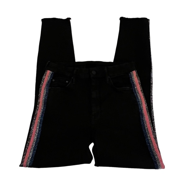 Mother High Waisted Looker Ankle Fray Black Guilty Glitter Racer Stripe Jeans 26 - Picture 12 of 16